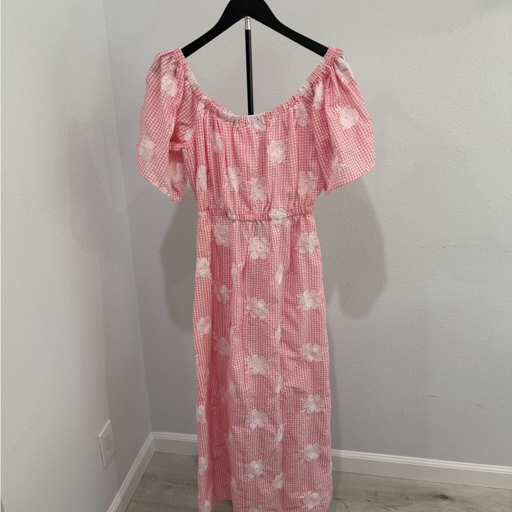 Pink Floral Gingham Maxi Dress - Off-Shoulder Summer Style